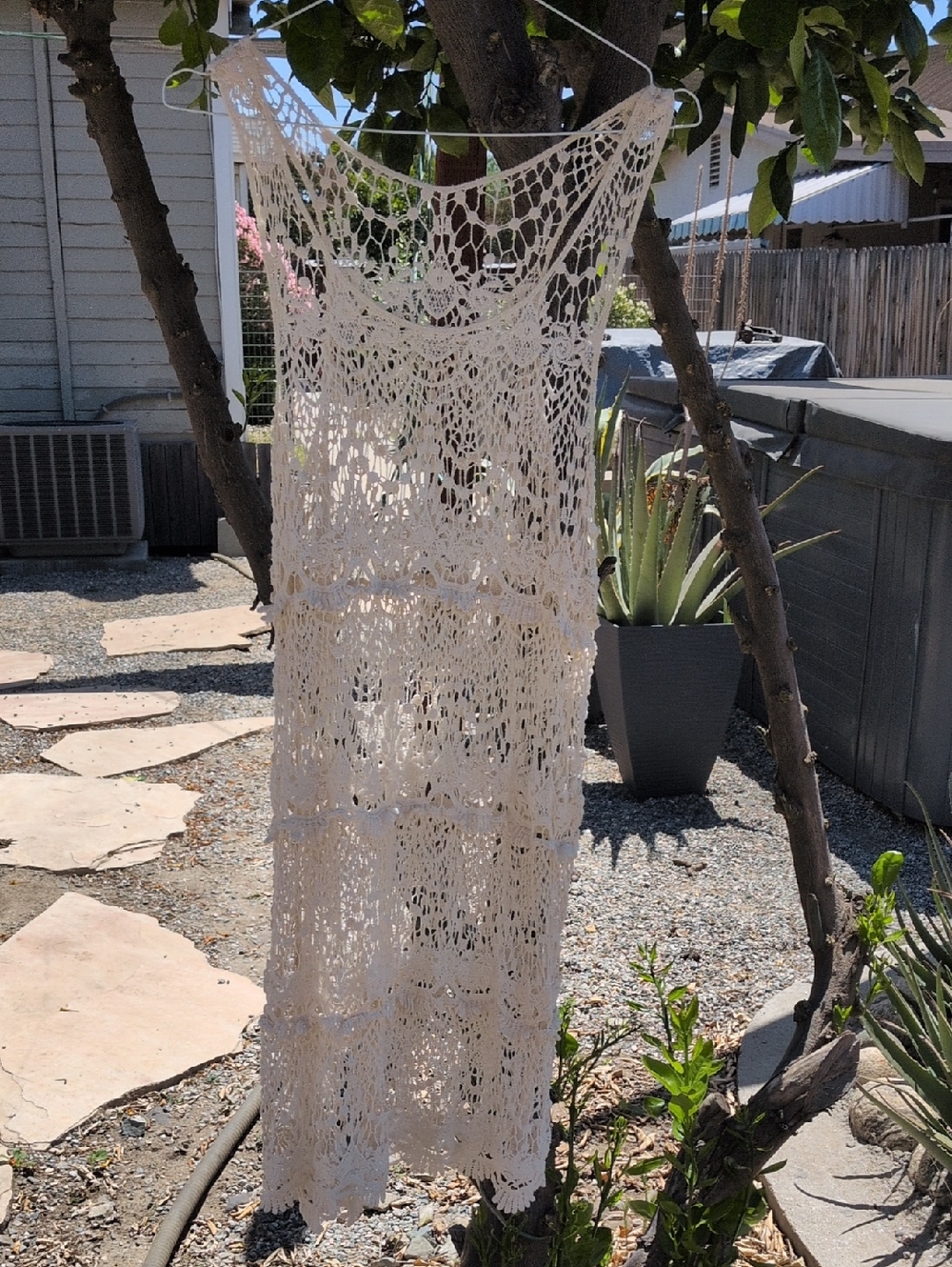 Cream Crochet Maxi Dress Sheer Boho Beach Cover Up Festival